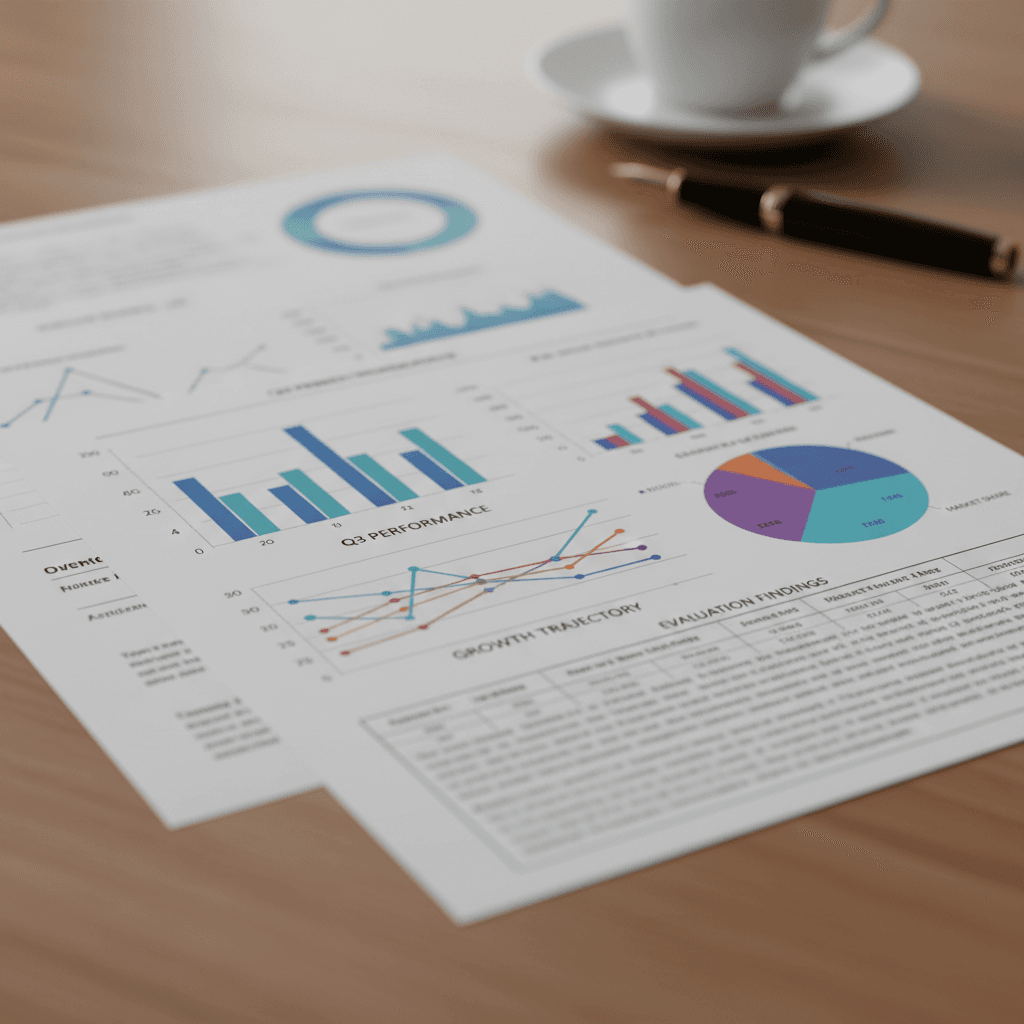 Close-up of printed evaluation reports with colorful charts and data metrics spread on wooden desk